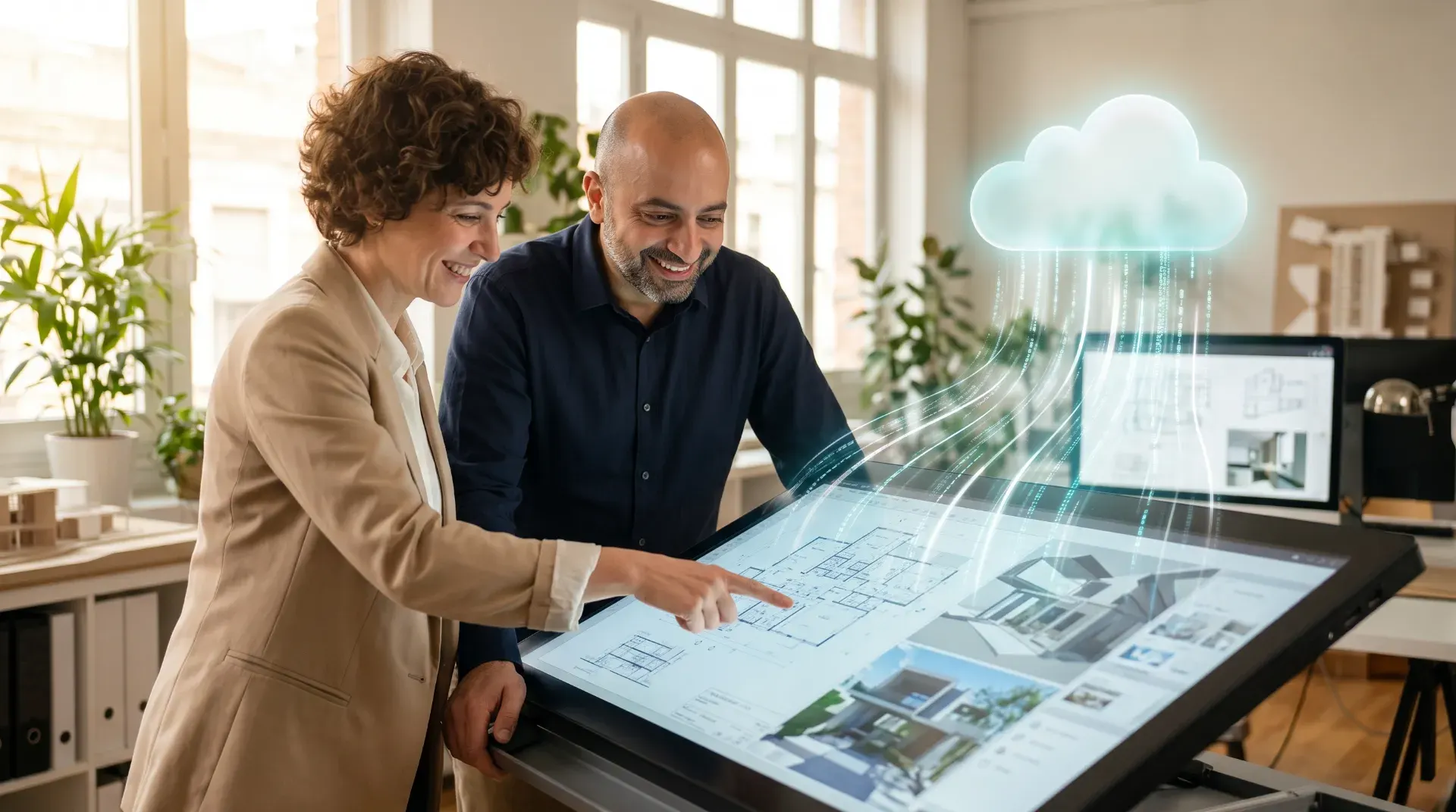 An architecture studio reviewing plans on a connected system